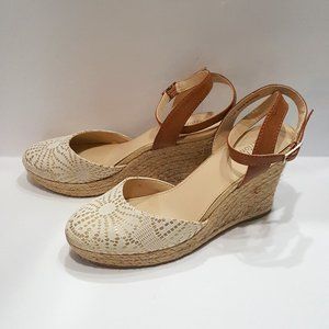 Basic Editions Lace Design Women Wedges, Upper Fabric, Beige with Tan Straps